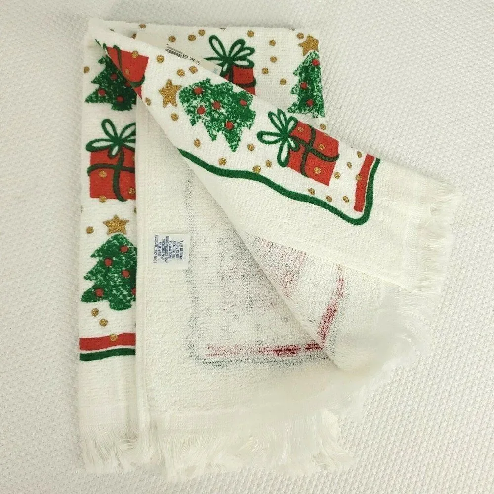 Vintage 1980s Kitchen Hand Towel White Red Green Christmas Presents Fringe New